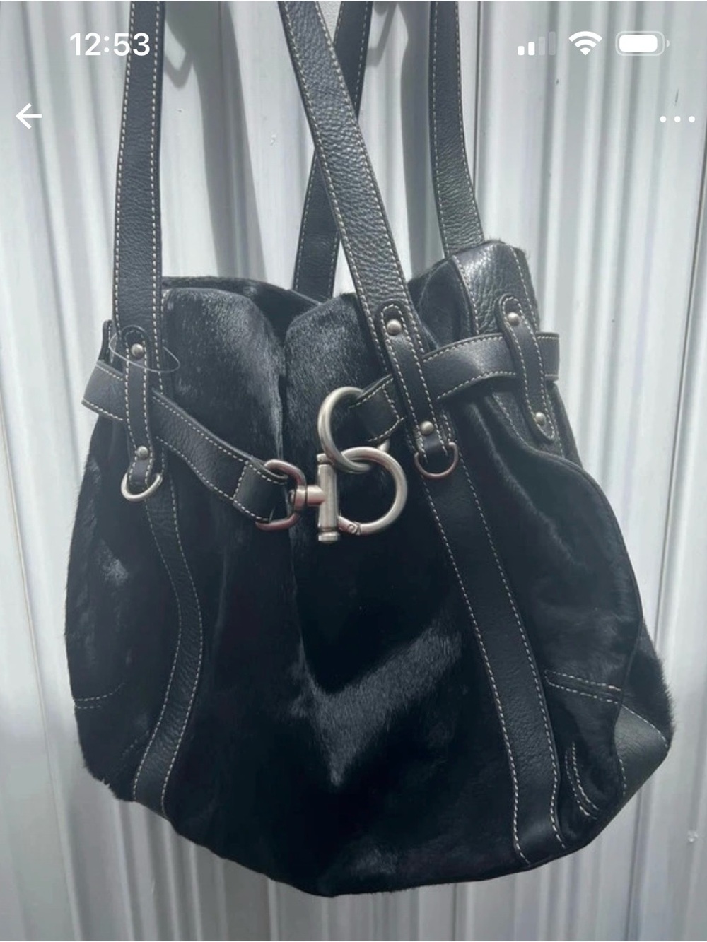 Black Haircalf and Leather Shoulder Bag with Silver Hardware